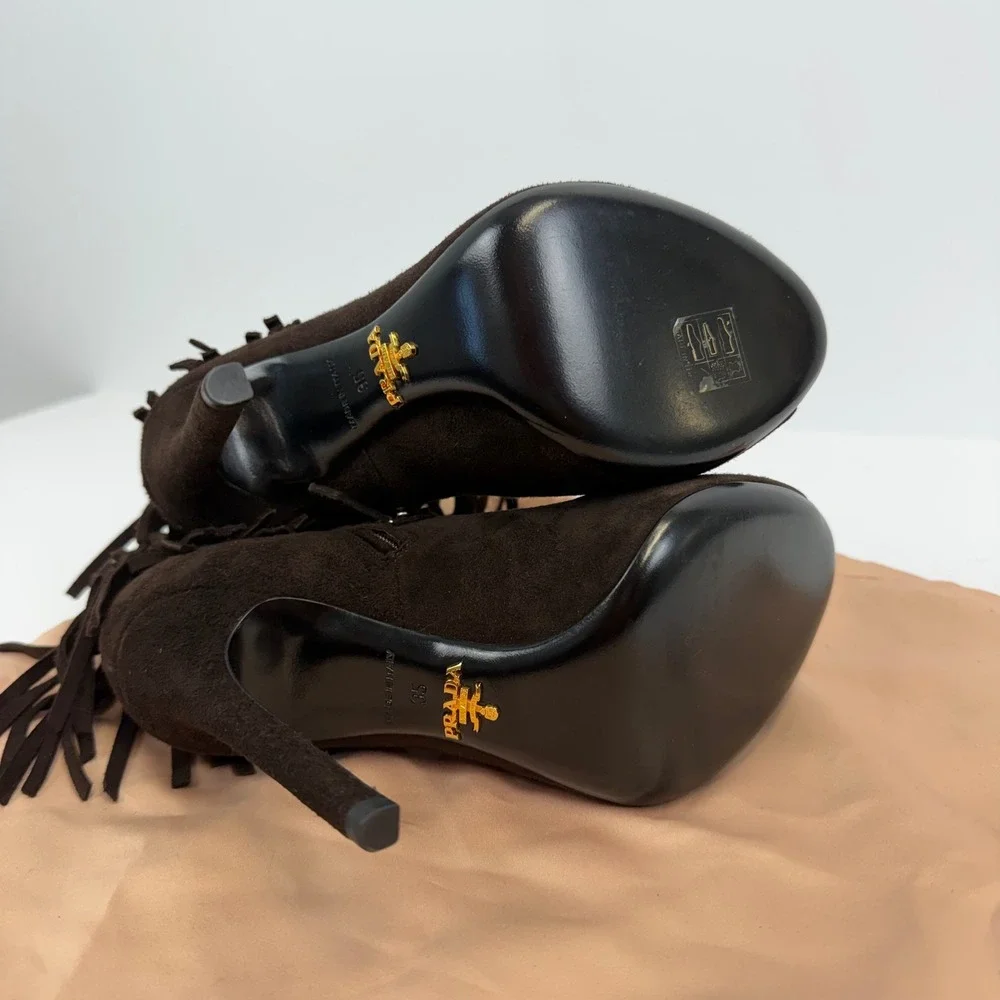 Prada Fringe Peep Toe Booties‎ Women's 35 Brown Suede Stiletto Ankle Heels